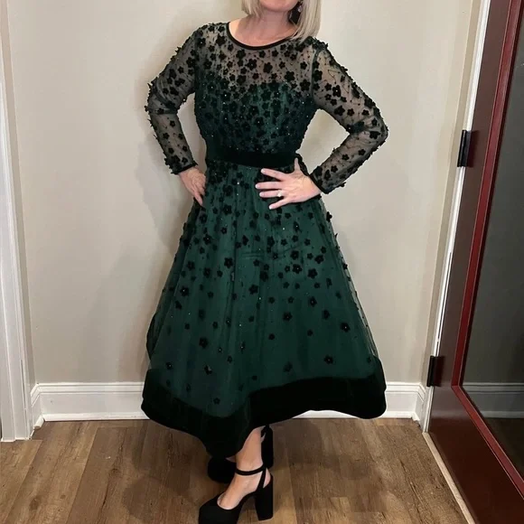 green emerald velvet dress Green Long Sleeve Hand Embellished Floral A-line Gown main image 1